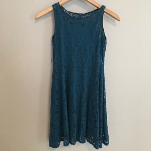 fancy blue midi dress with lace overlay